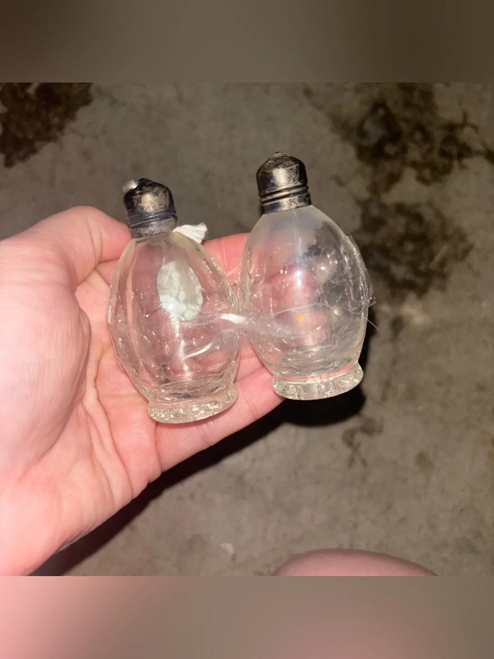 Vintage Glass Crackled Egg Shaped Salt and Pepper Shakers with Sterling Tops